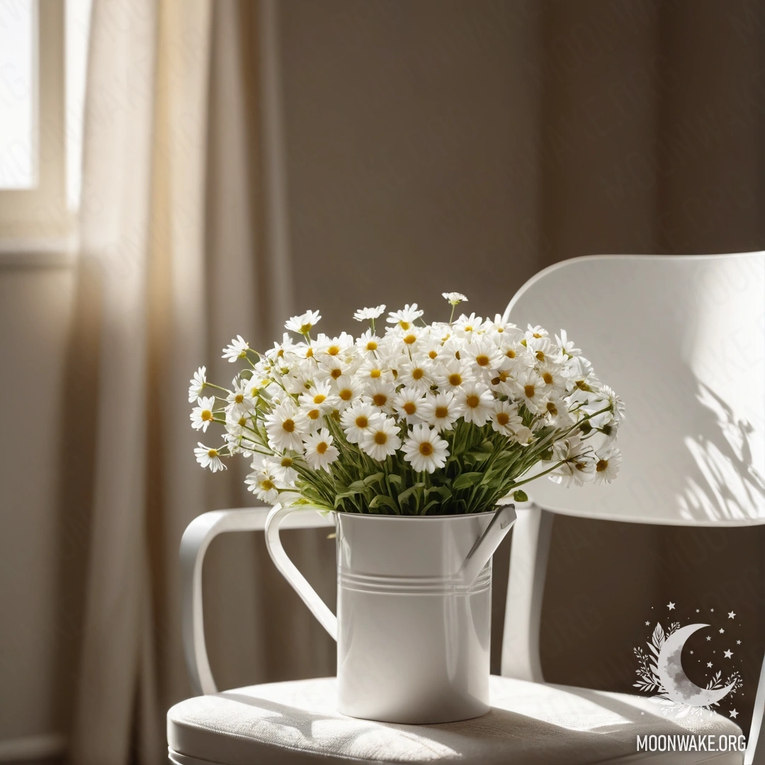 Крупный план потертого винтажного стула с полупрозрачной белой тканью, чашкой кофе и белым молочным ведром с ромашками, освещенными солнечными лучами.