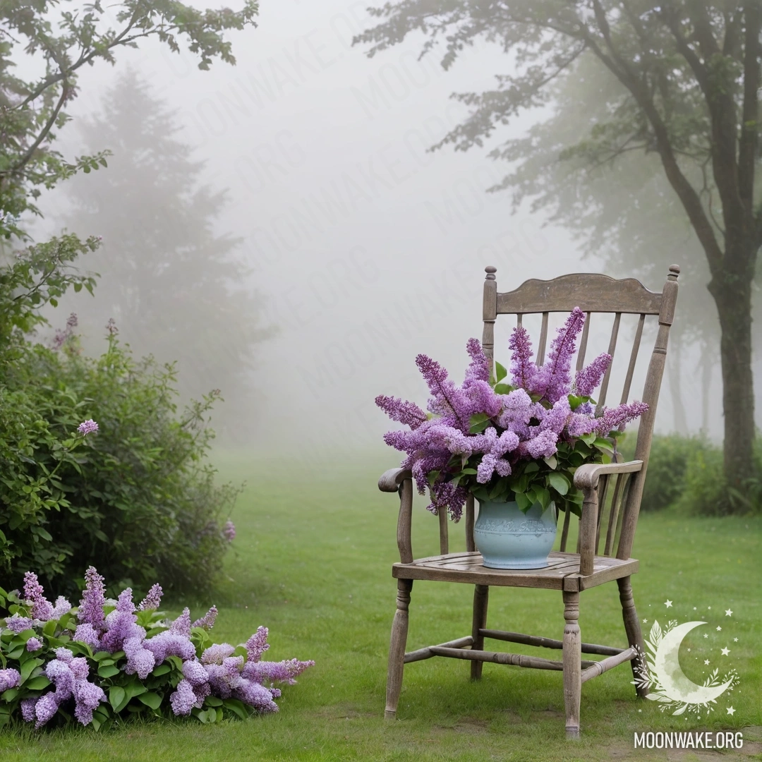 Винтажный шебби-чан в саду, окруженный густым туманом, с вазой сирени на нем.