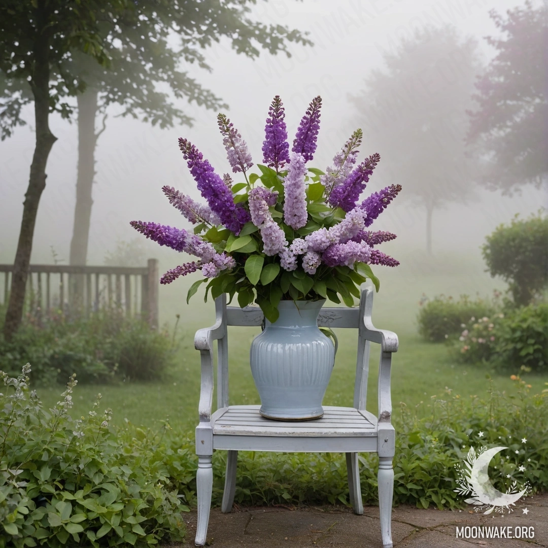 Винтажный shabby стул в саду, украшенный вазой с сиренью, окруженный плотным туманом.