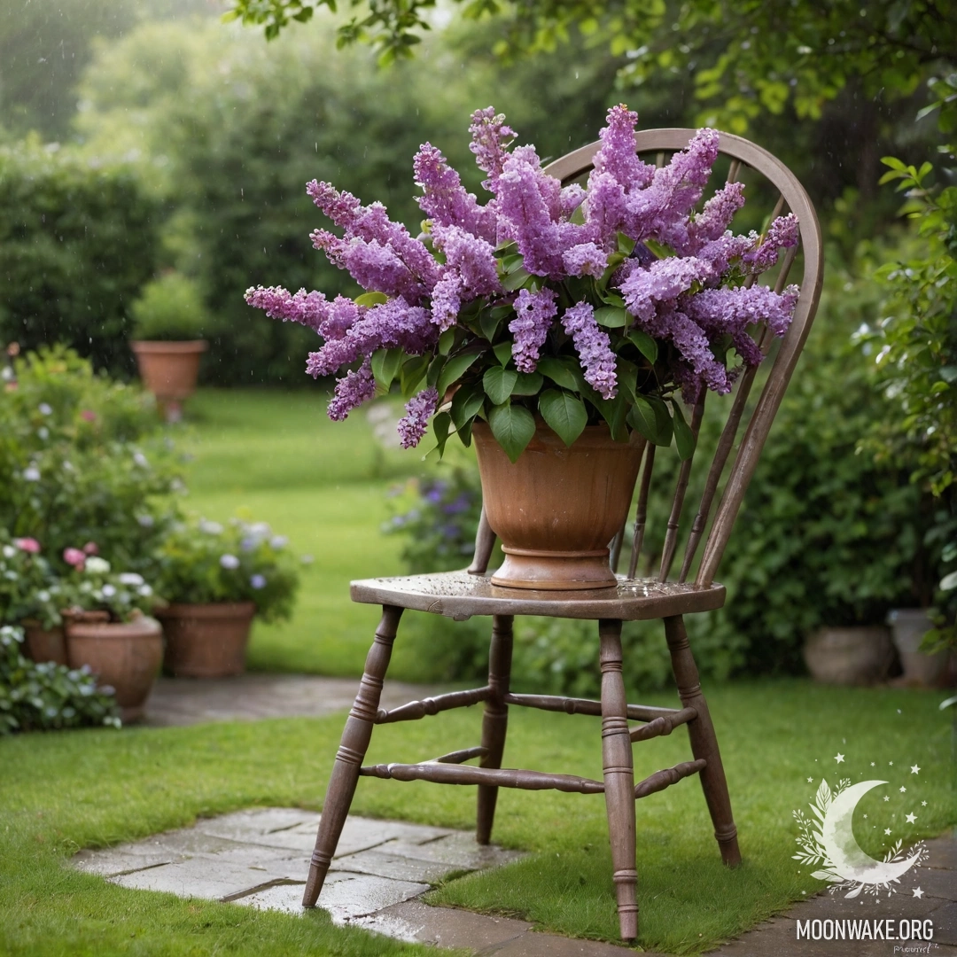 Старинный потертый стул в саду с вазой и букетом сирени под дождем.