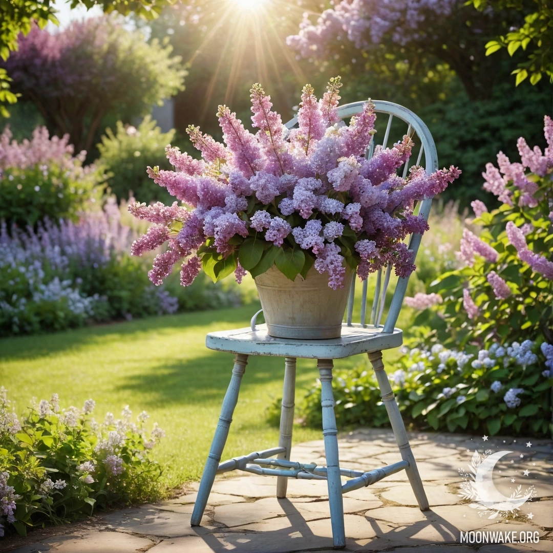 Винтажный шаткий стул с вазой, полной сирени, залитый солнечным светом.