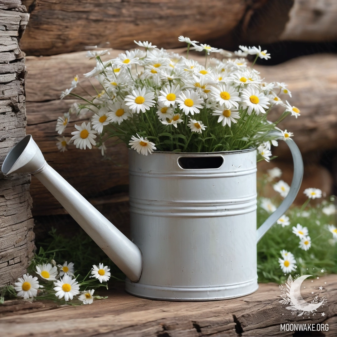 Винтажная полузабытая лейка, наполненная ромашками и полевыми травами на фоне бревенчатой стены.