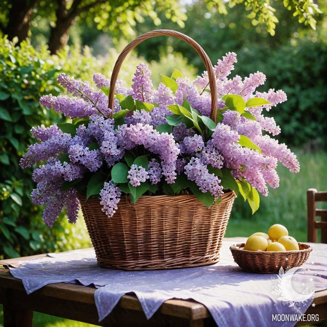 Винтажный деревянный стол и корзина с сиренью в зелёном саду.