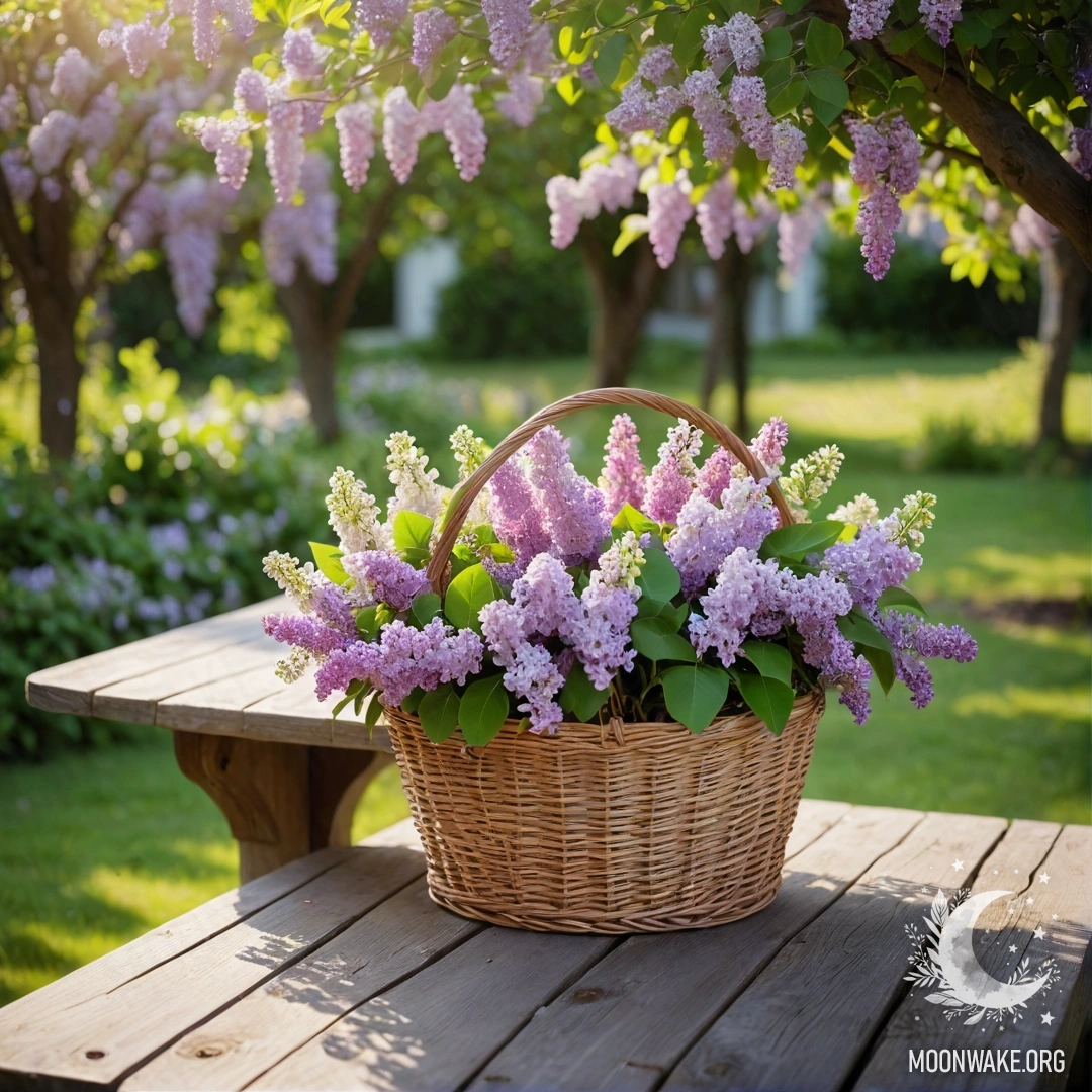 Винтажный деревянный стол с корзиной сирени на фоне зелени и гирлянды огней.