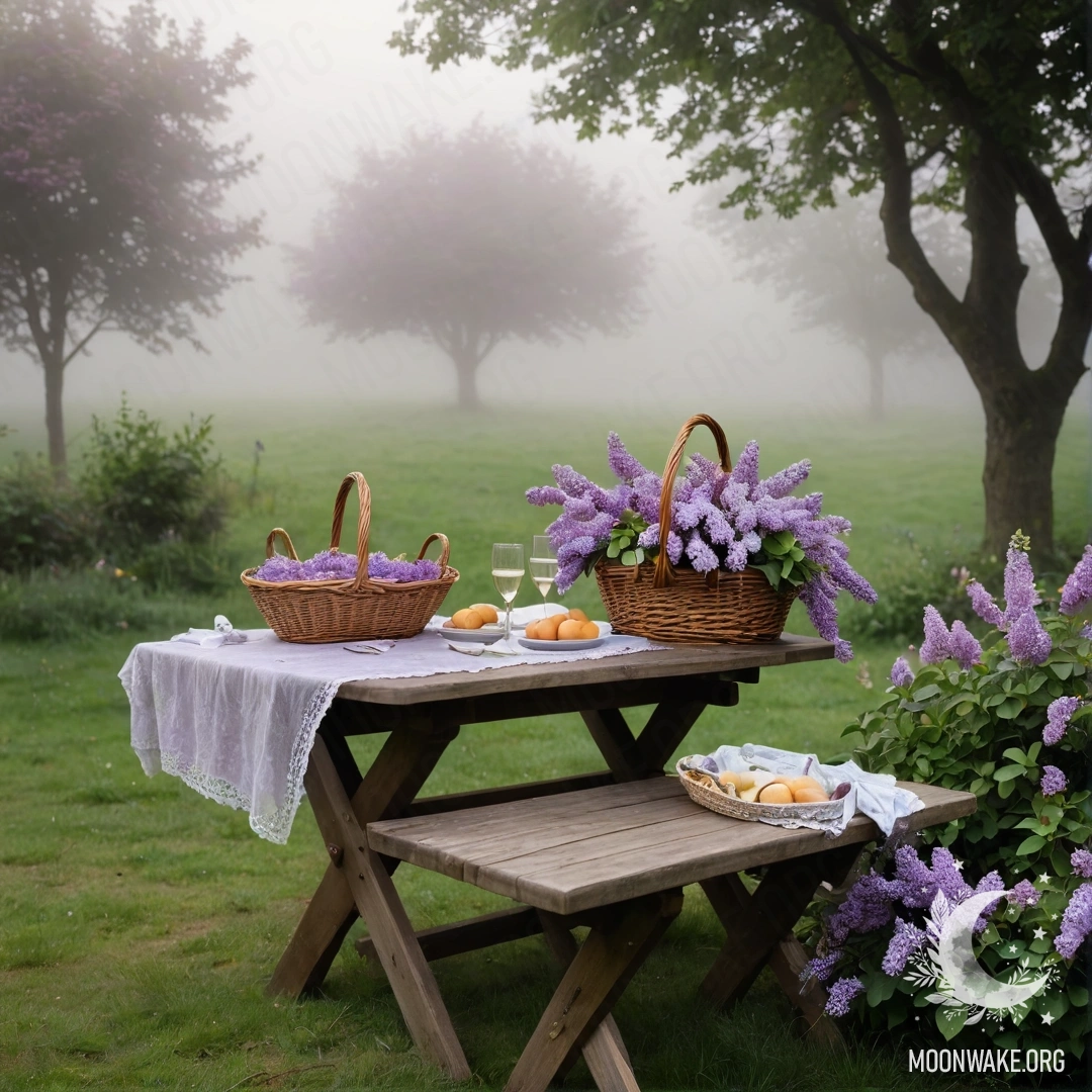 Старинный деревянный стол, окружённый туманным садом с сиренью в корзине.