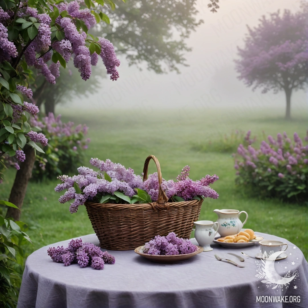 Винтажный деревянный стол с корзиной сирени в туманном саду.