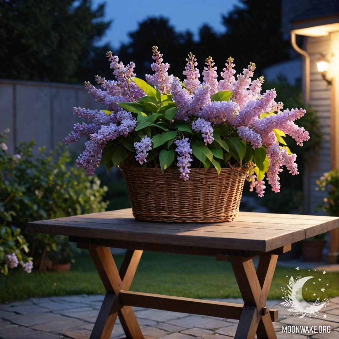Деревянный стол с корзиной сирени, установленный в саду ночью.