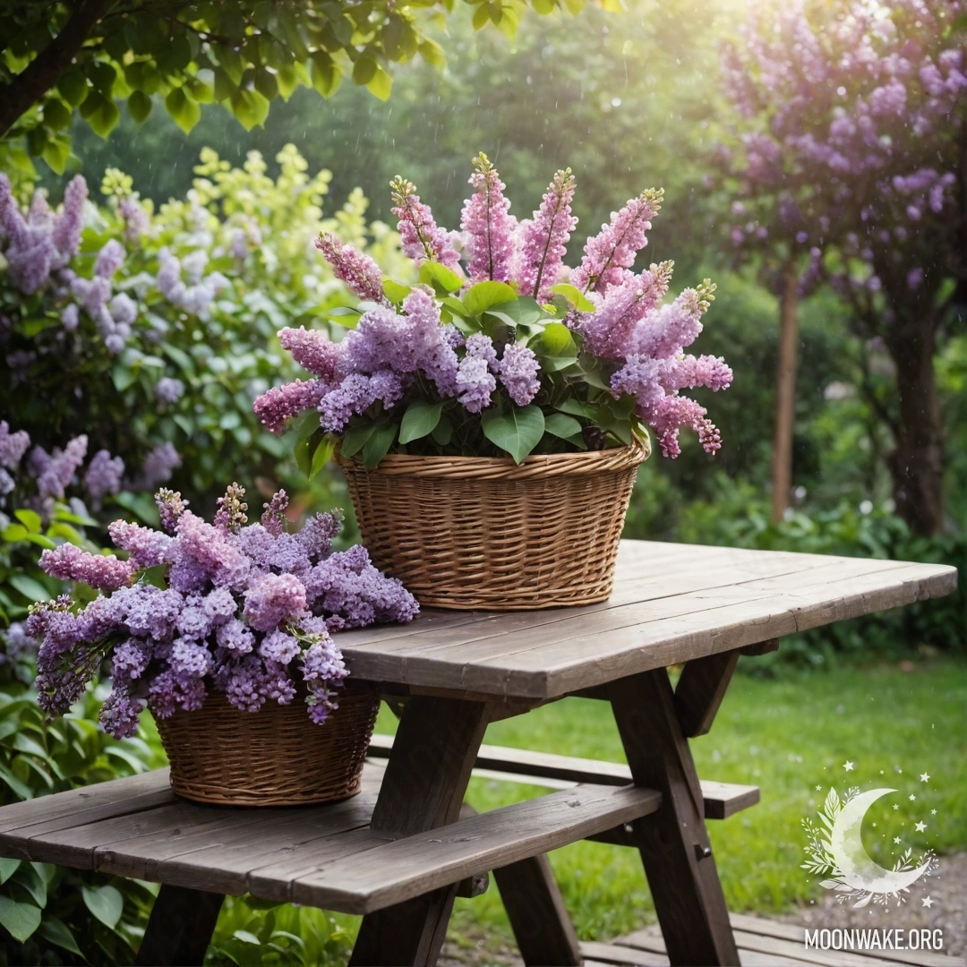 Винтажный деревянный стол с корзиной сирени в дождливом саду.