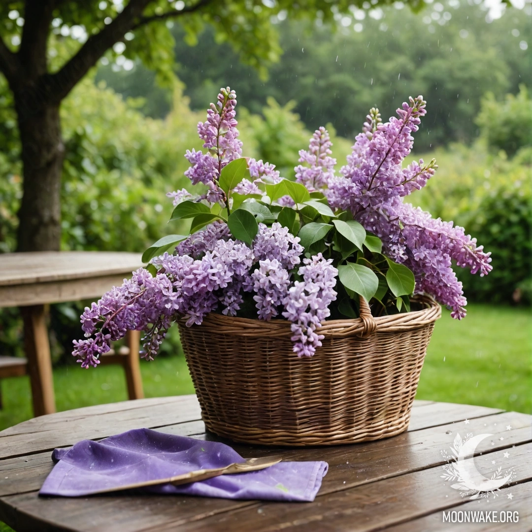 Винтажный деревянный стол с корзиной сирени в саду под дождем.