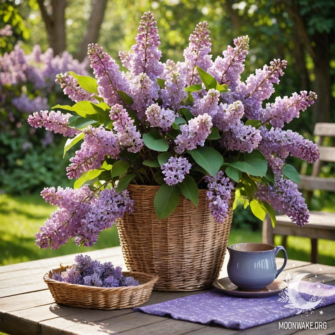 Винтажный деревянный стол с корзиной сирени, расположенный в роскошном саду.