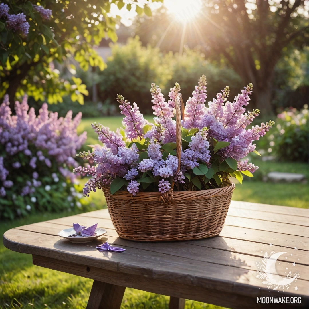 Винтажный деревянный стол с корзиной сиреней в саду на закате.