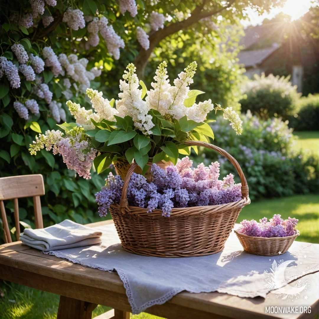Винтажный деревянный стол, украшенный корзиной с сиренью, окруженный садом и гирляндами огней.