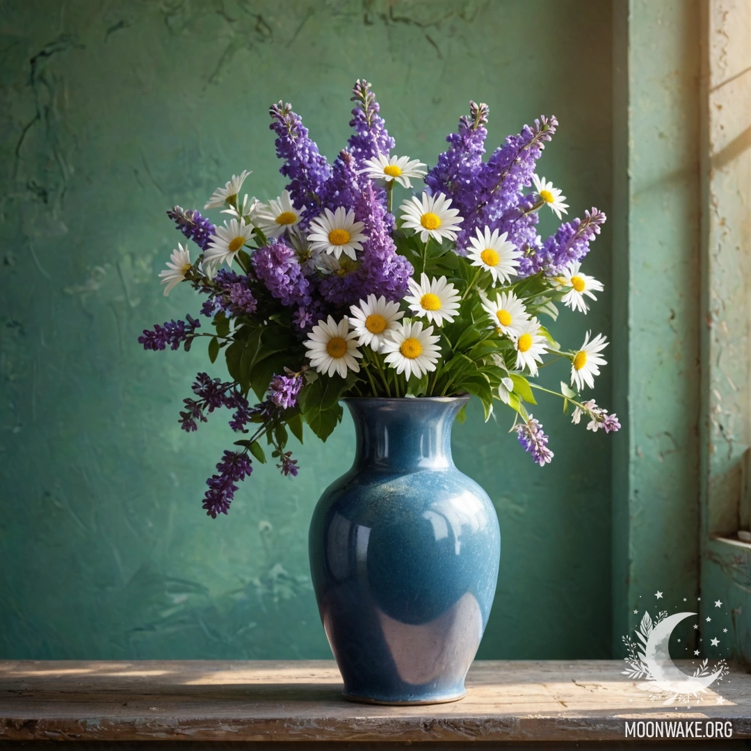 Потрёпанный деревянный стол, украшенный белой вязаной скатертью и бирюзовой вазой с жёлтыми цветами, освещённый гирляндой света.