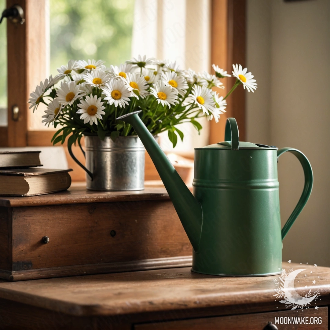 Старинный стол в саду под цветущей яблоней, украшенный чашками, чайником, ягодами, бутылкой молока и цветами, освещённый солнечными лучами.