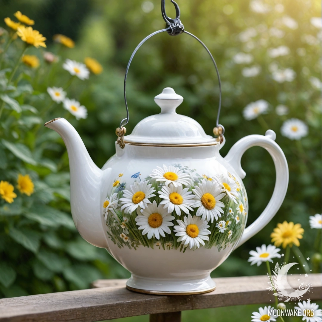 Очаровательный винтажный чайник, висящий на крючке с букетом ромашек.
