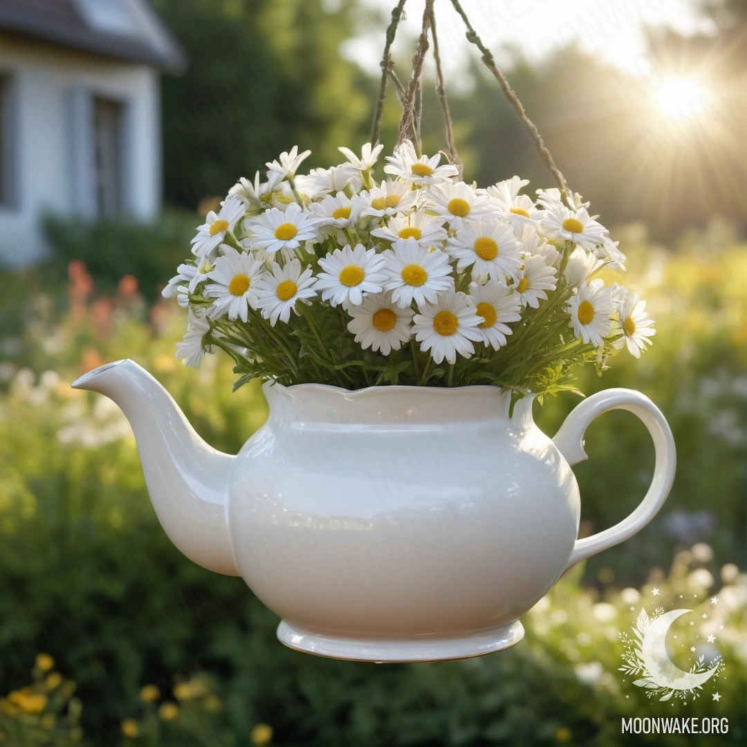 Винтажный чайник, висящий на крючке, с букетом ромашек внутри