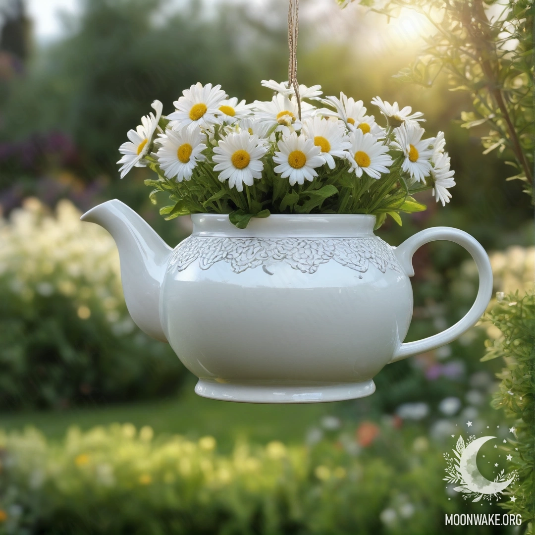 Винтажный чайник, висящий на крючке, с букетом ромашек на фоне садового боке с огоньками.