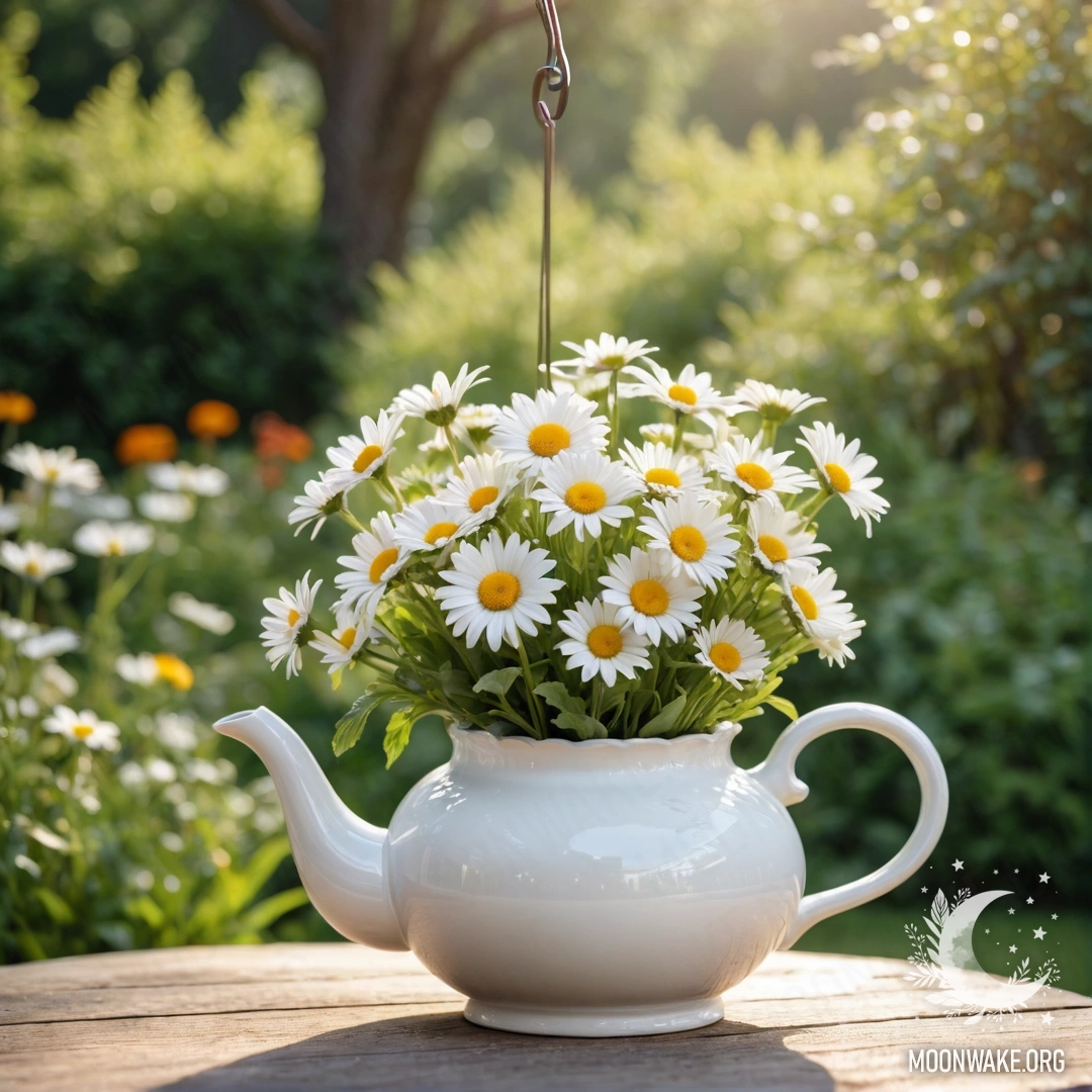 Винтажный чайник, висящий с букетом ромашек внутри, на размытом фоне сада.