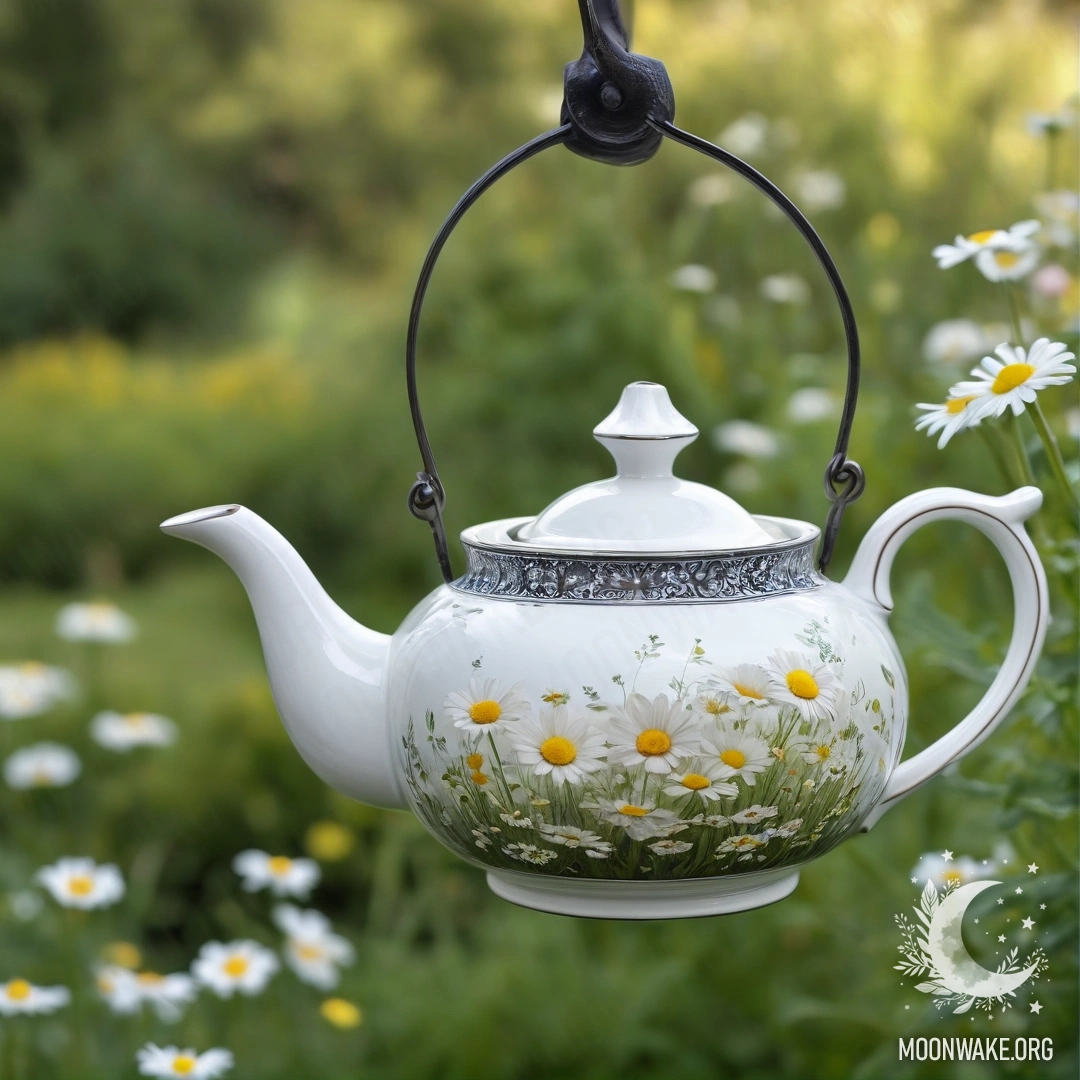 Винтажный чайник в стиле шебби, висит на крючке, полон ромашек и маргариток на фоне рассеянного света сада.