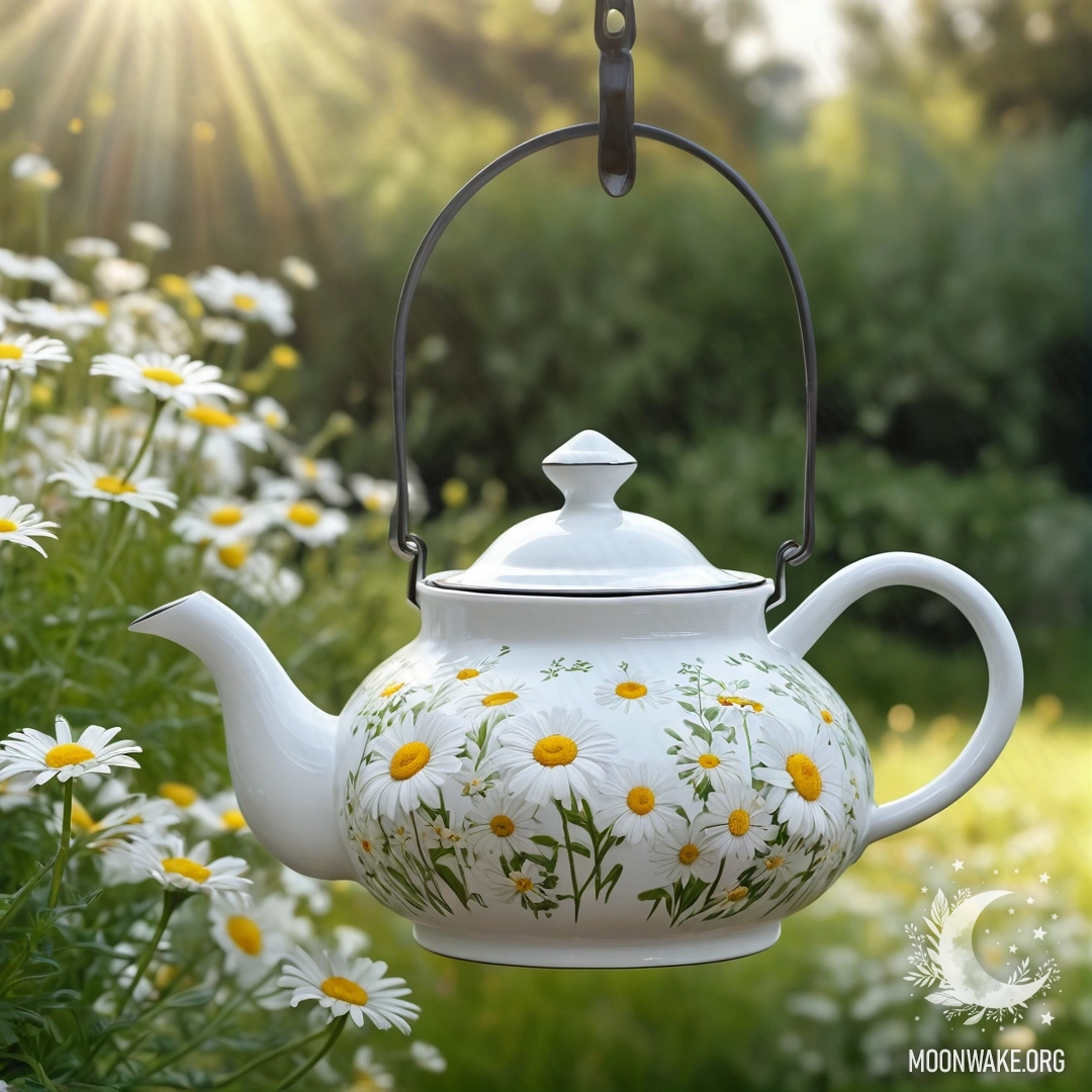 Винтажный чайник, висящий на крючке, наполненный ромашками на фоне сада в боке.