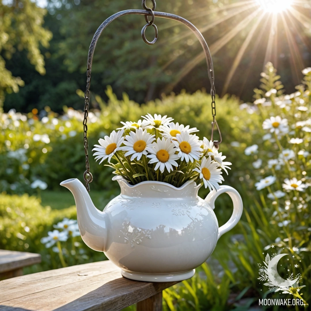 Уютный винтажный чайник висит на крючке, наполненный ромашками и маргаритками, на фоне сада с солнечными лучами.