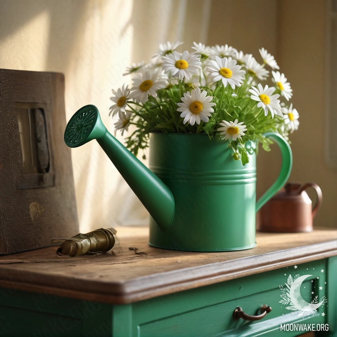 Винтажный зеленый поливочный у Ronald на ночном столике, украшенный ромашками, освещёнными солнечными лучами.