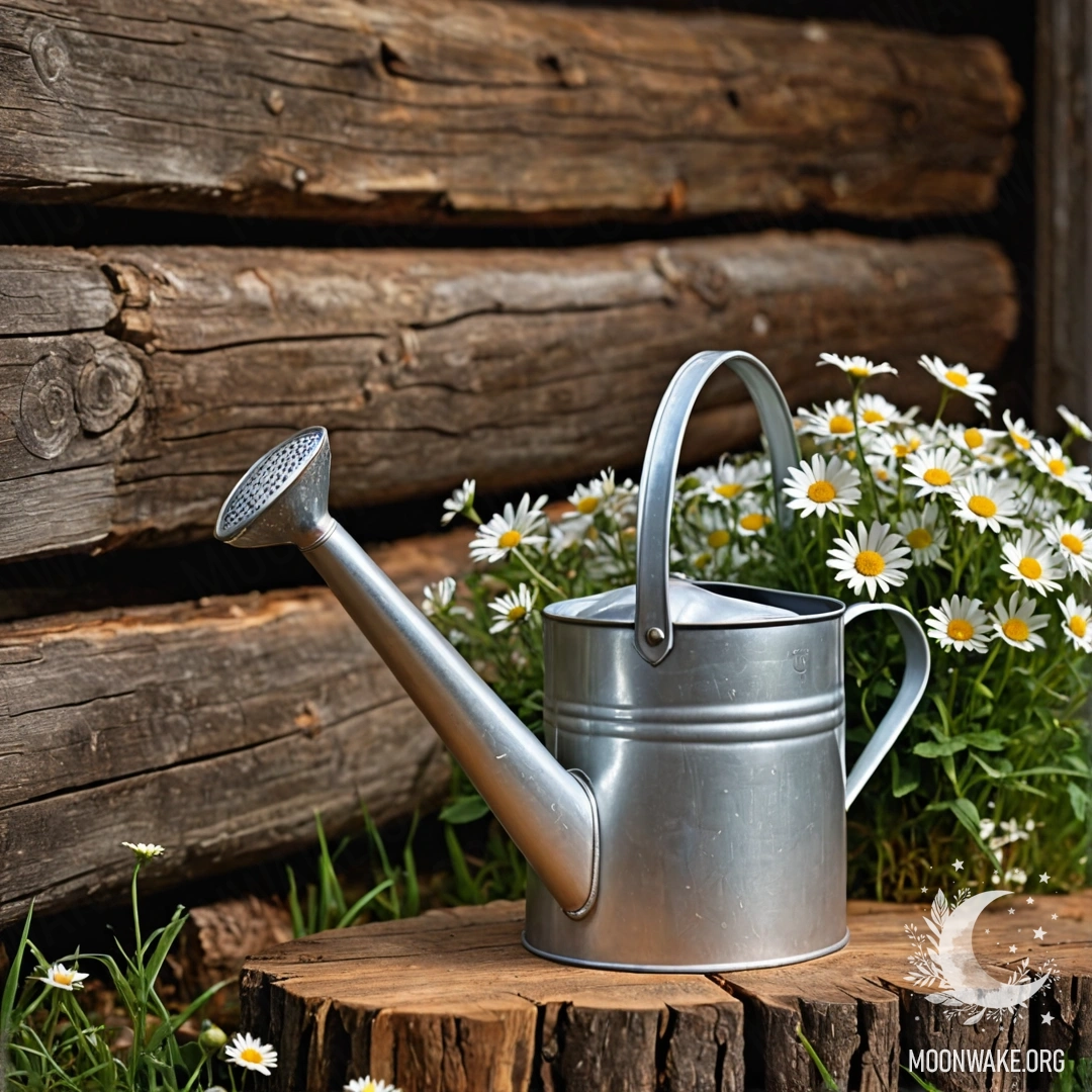 Винтажная поливальная лейка, окруженная ромашками и полевыми травами на фоне бревенчатой стены в ночное время.
