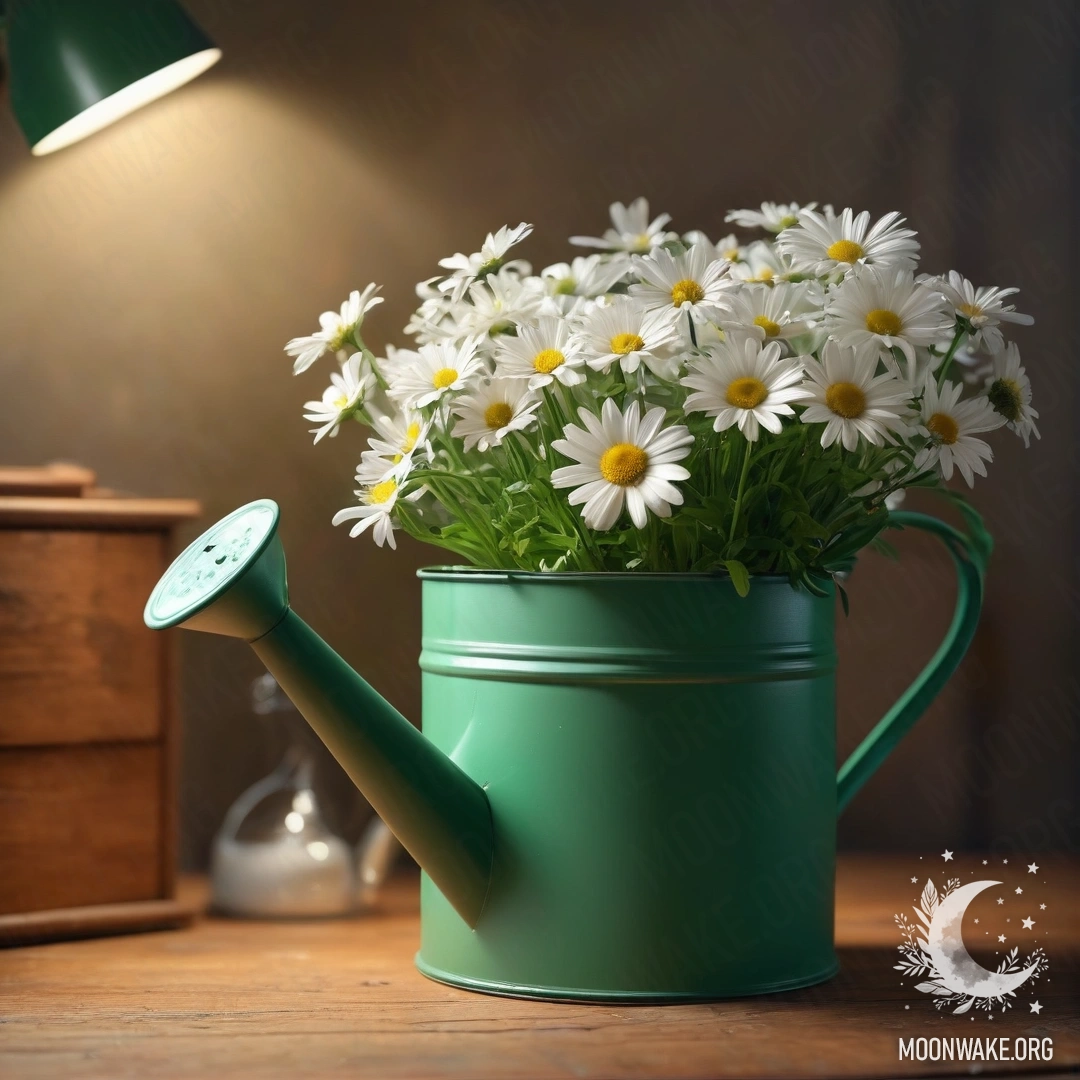 Винтажный зелёный поливатель с ромашками на ночном столике.