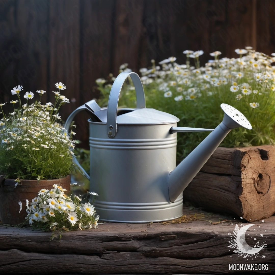 Винтажный потрёпанный поливочный чайник с ромашками и полевыми травами на фоне бревенчатой стены ночью.