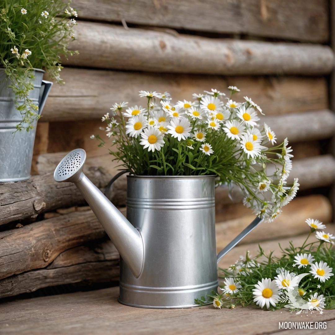 Винтажный потрепанный поливальник, наполненный ромашками и полевыми травами на фоне бревенчатой стены.