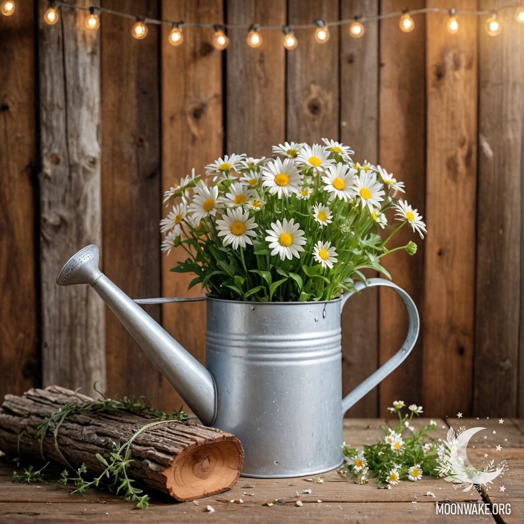 Винтажный поливальник, наполненный ромашками и травами, на фоне бревенчатой стены.