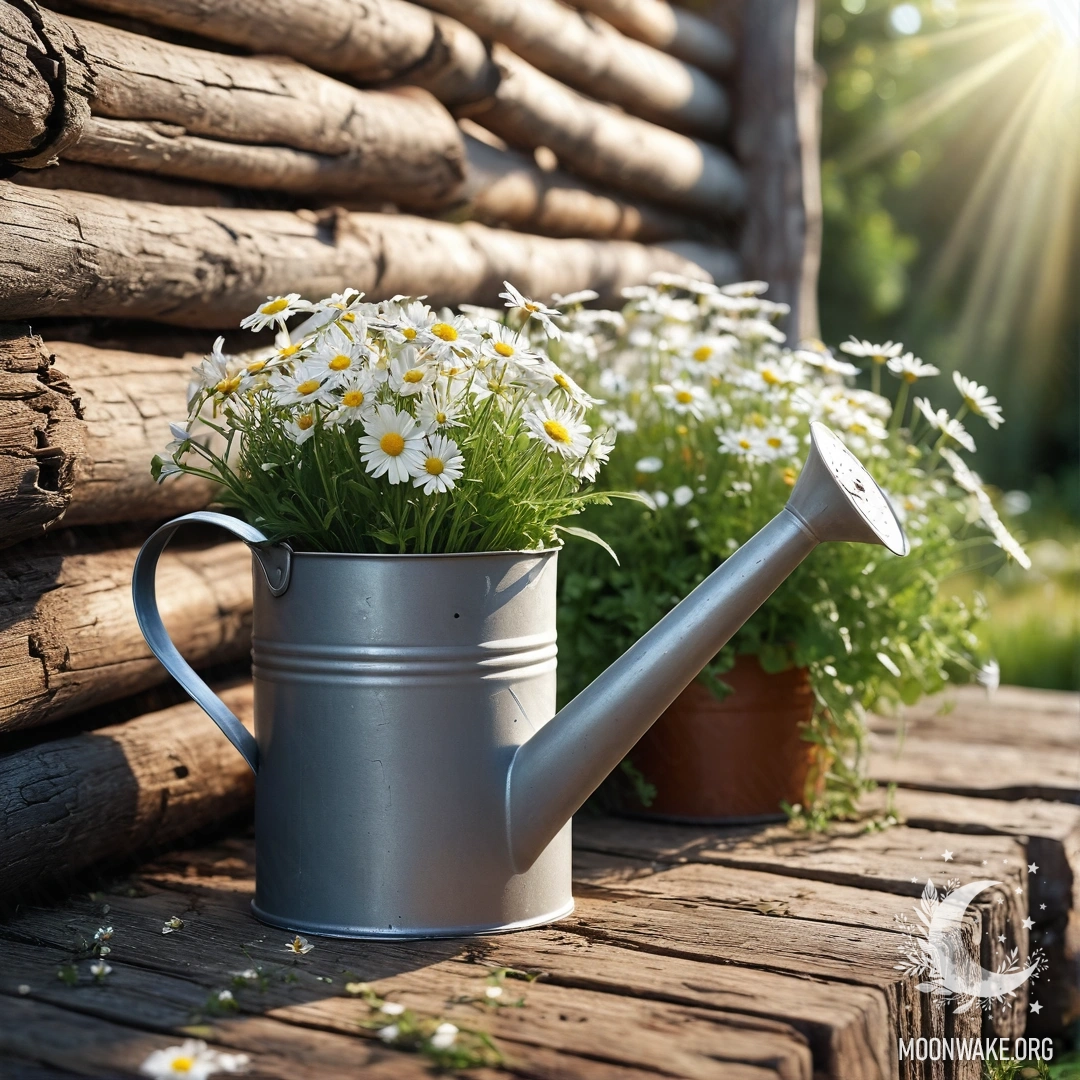 Винтажная потрёпанная лейка с ромашками и полевыми травами на фоне бревенчатой стены, освещённая солнечными лучами.