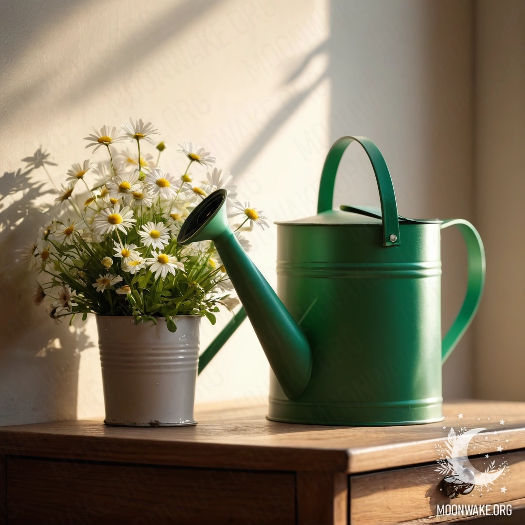 Винтажная зеленая поливалка на тумбочке, украшенная ромашками, освещенная мягкими солнечными лучами.