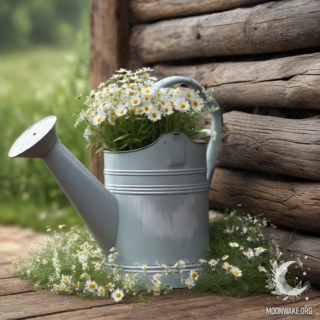 Винтажная старая лейка с ромашками и полевыми травами на фоне деревянной стены, освещённая гирляндой.