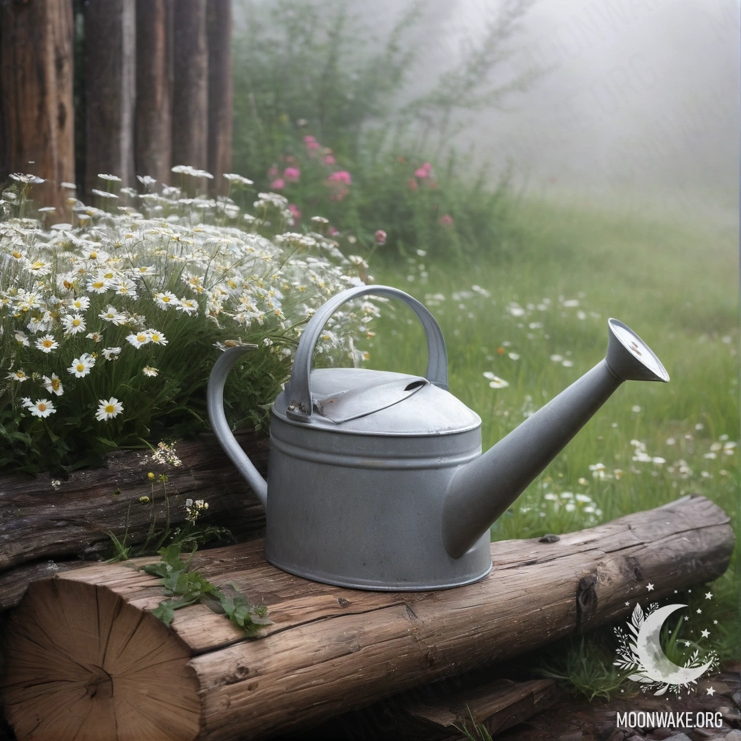 Антикварный потёртый поливатель, украшенный ромашками и полевыми травами, на фоне бревенчатой стены в плотном тумане.