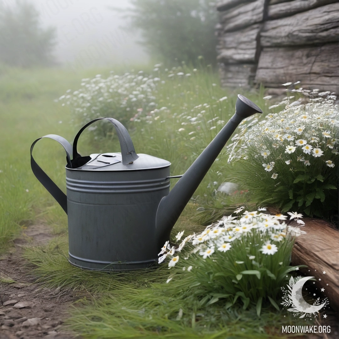 Винтажная состаренная лейка, наполненная ромашками и травами, на фоне бревенчатой стены, окутанная густым туманом.