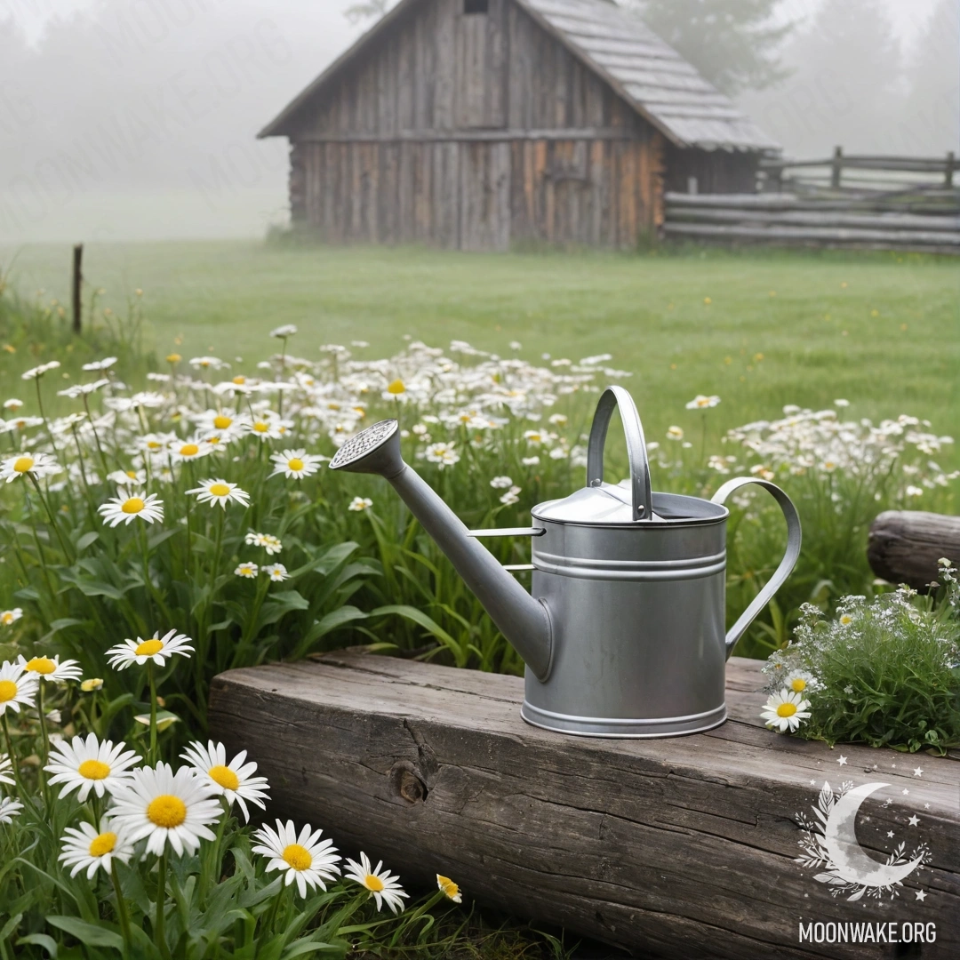 Винтажный поливальник, окруженный ромашками и полевыми травами на фоне деревянной стены в густом тумане.