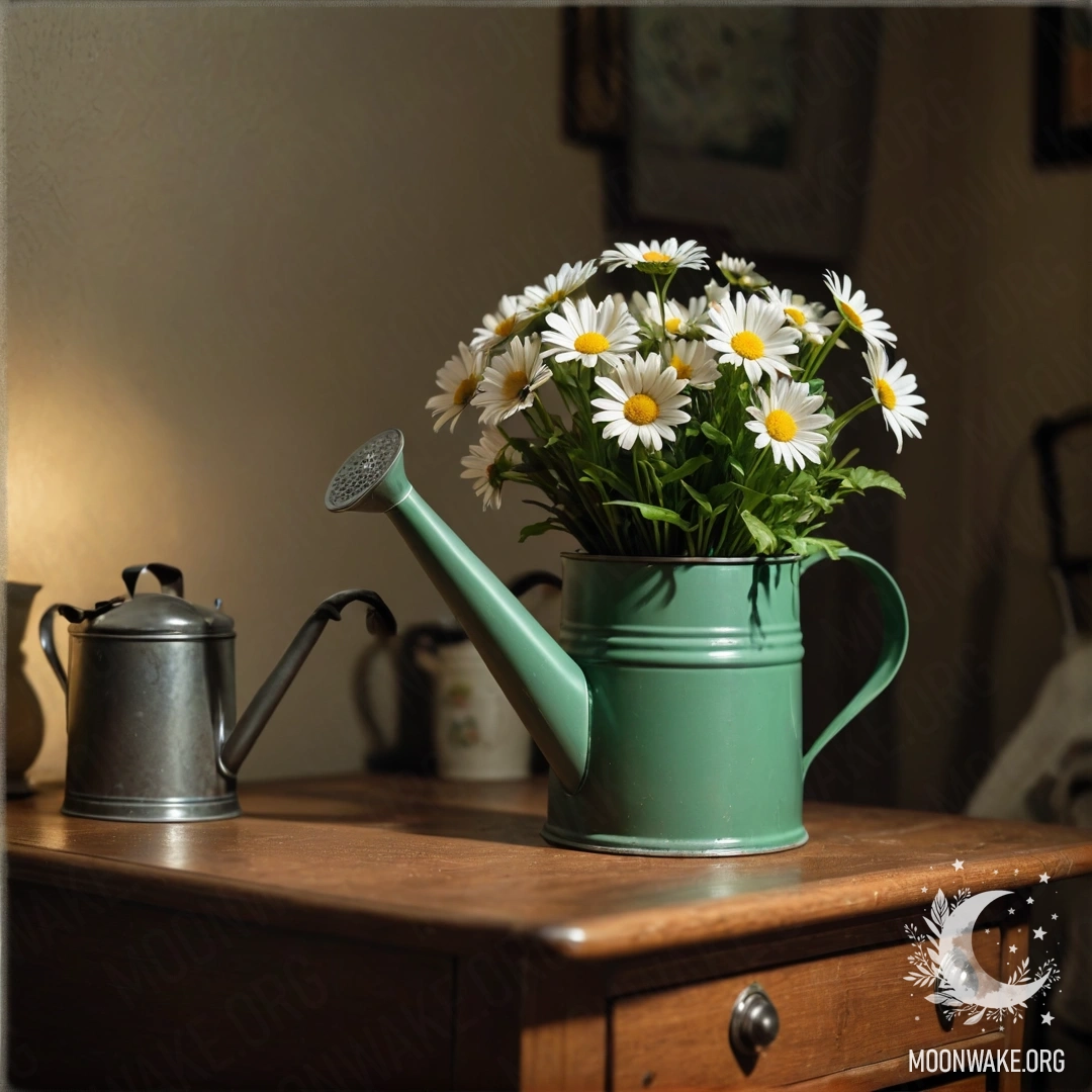 Винтажный зеленый лейка, наполненный ромашками, на ночном столике ночью.