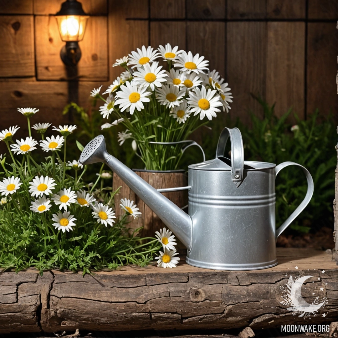 Винтажный, потрёпанный поливатель с ромашками и полевыми травами на фоне бревенчатой стены ночью.