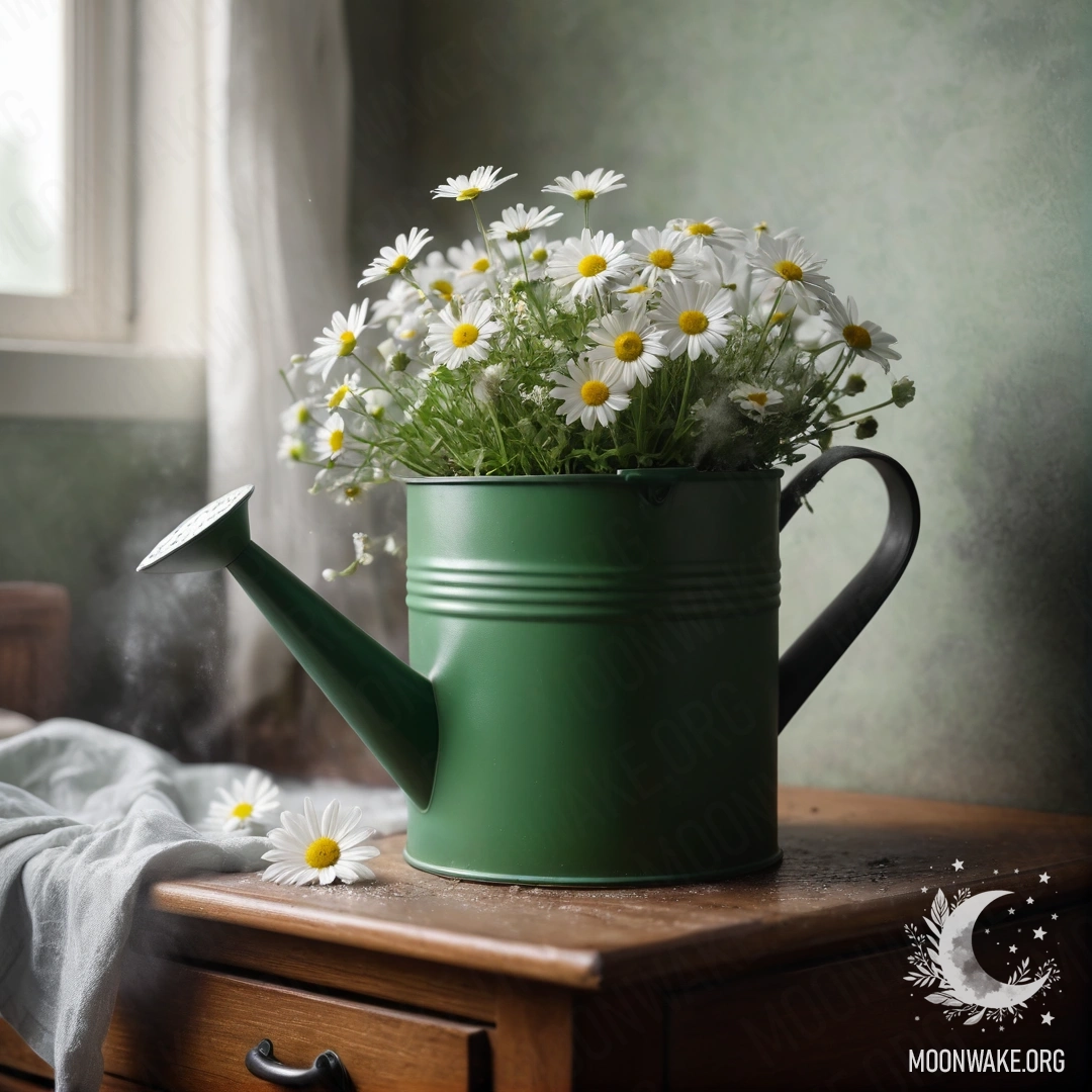 Винтажная зелёная лейка с ромашками на ночном столике, окружённая густым туманом.