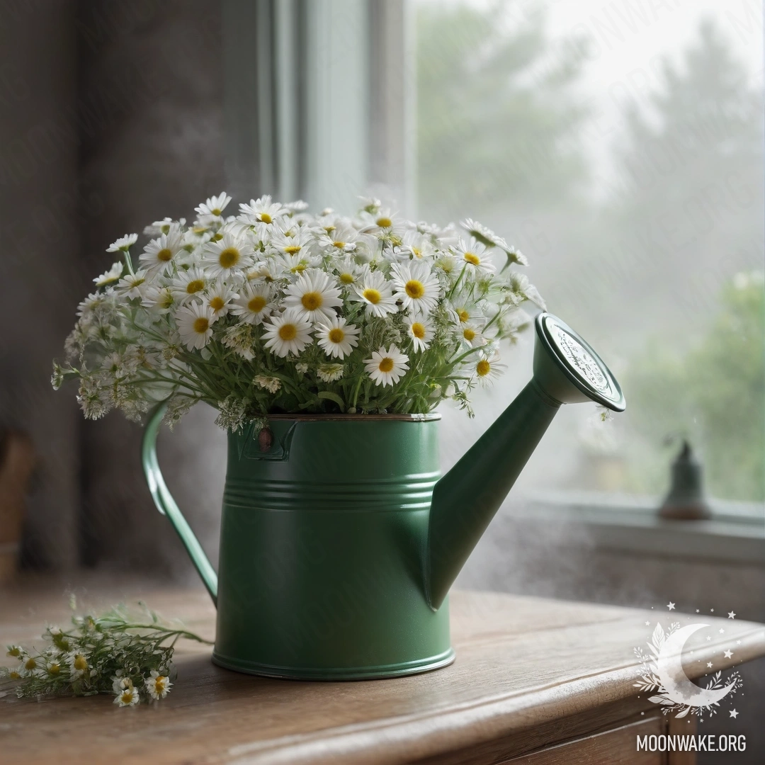 Винтажный зеленый лейка с ромашками стоит на ночном столике, окруженный густым туманом.
