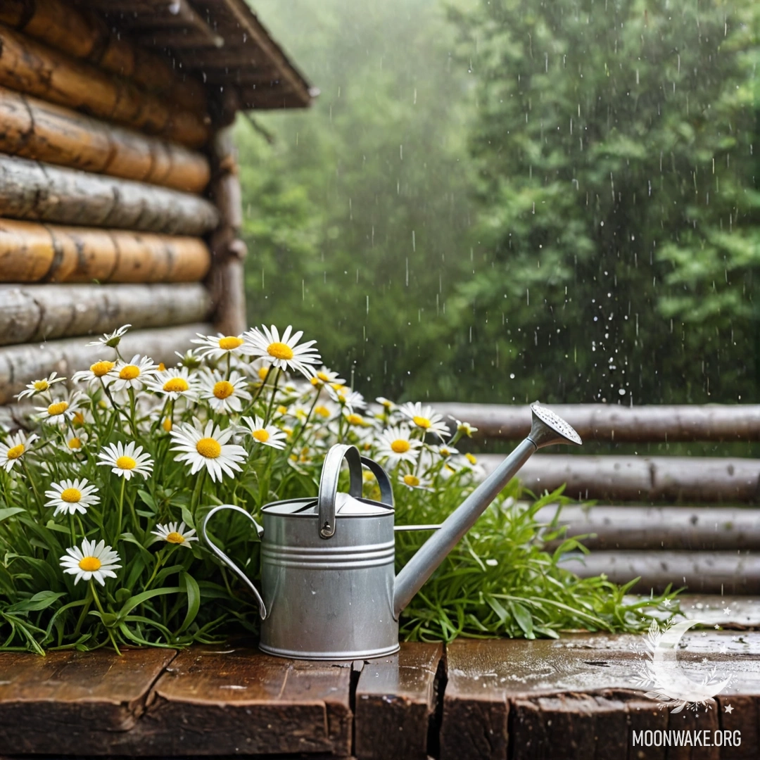 Старинный поливочный бачок находится под дождем, окруженный ромашками и полевыми травами на фоне бревенчатой стены.