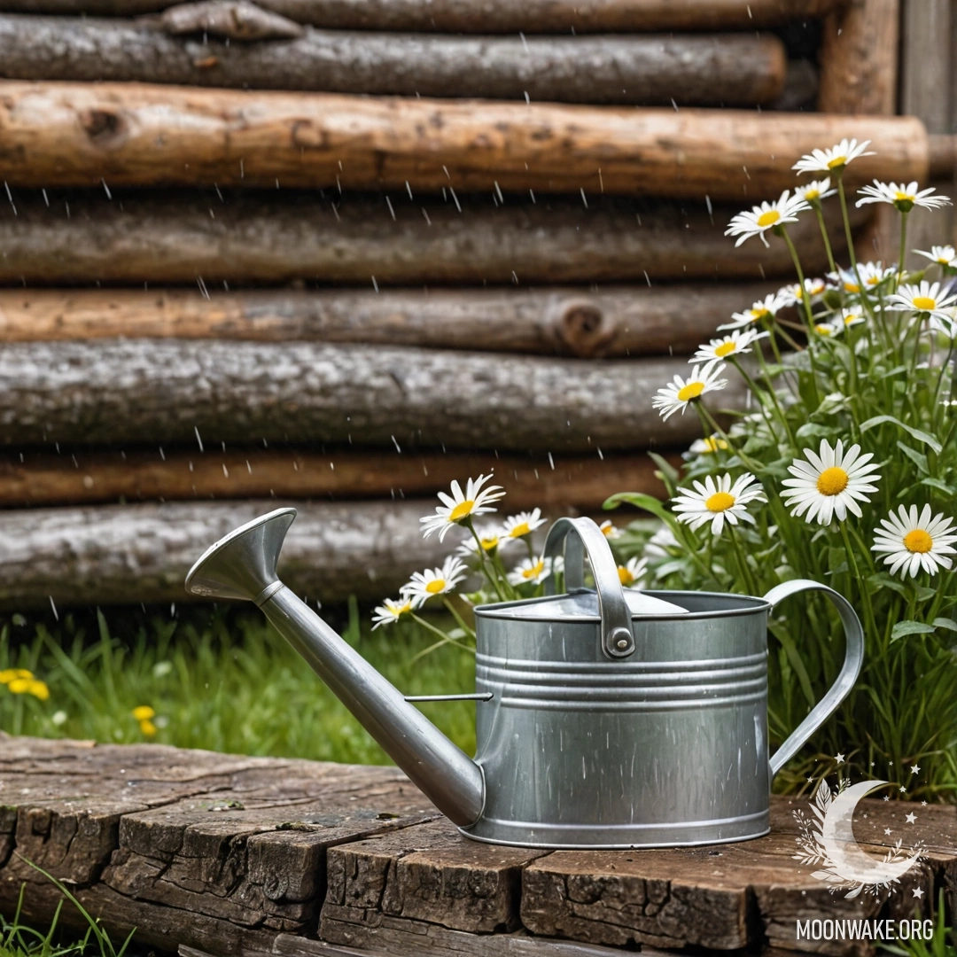 Винтажный поливатель, наполненный ромашками и полевыми травами, стоит у бревенчатой стены под нежным дождем.