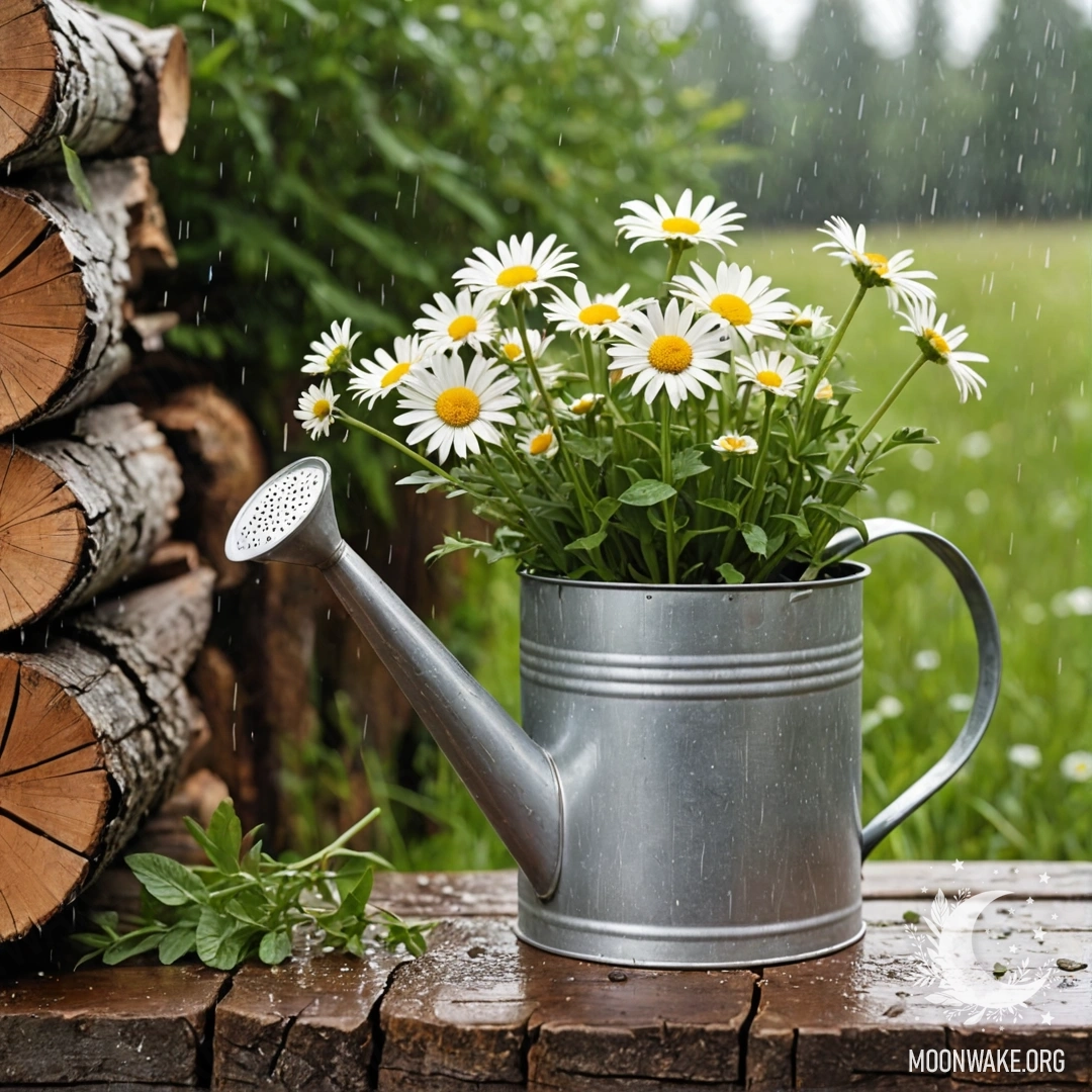Винтажный поливальник с ромашками и полевыми травами под дождем на фоне бревенчатой стены.