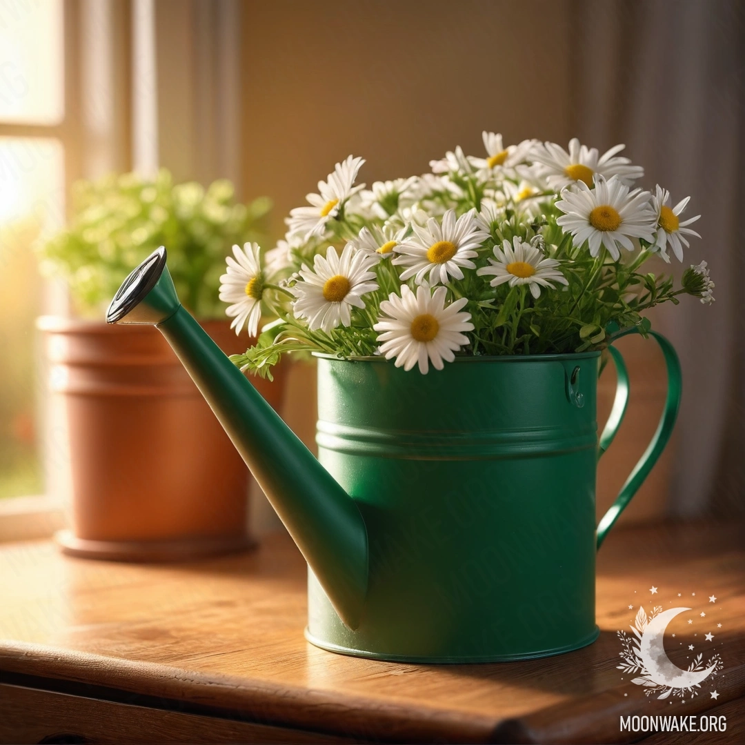 Винтажный зеленый поливальник с ромашками на ночном столике на фоне заката.