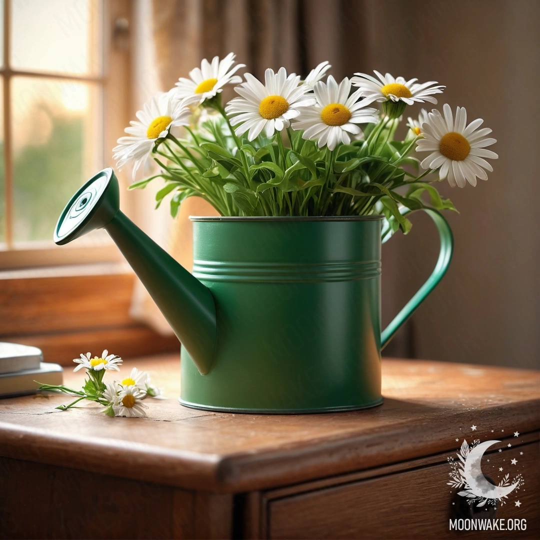 Винтажная зелёная лейка с ромашками на ночном столике на закате.