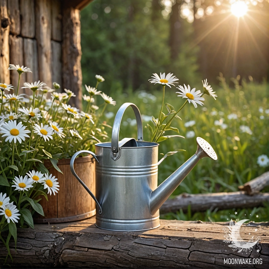 Винтажный потёртый поливальник, наполненный ромашками и полевыми травами на фоне бревенчатой стены на закате.