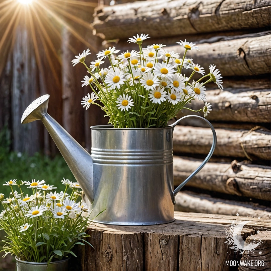 Винтажный поливальник с ромашками и травами на фоне бревенчатой стены, освещённый солнечными лучами.
