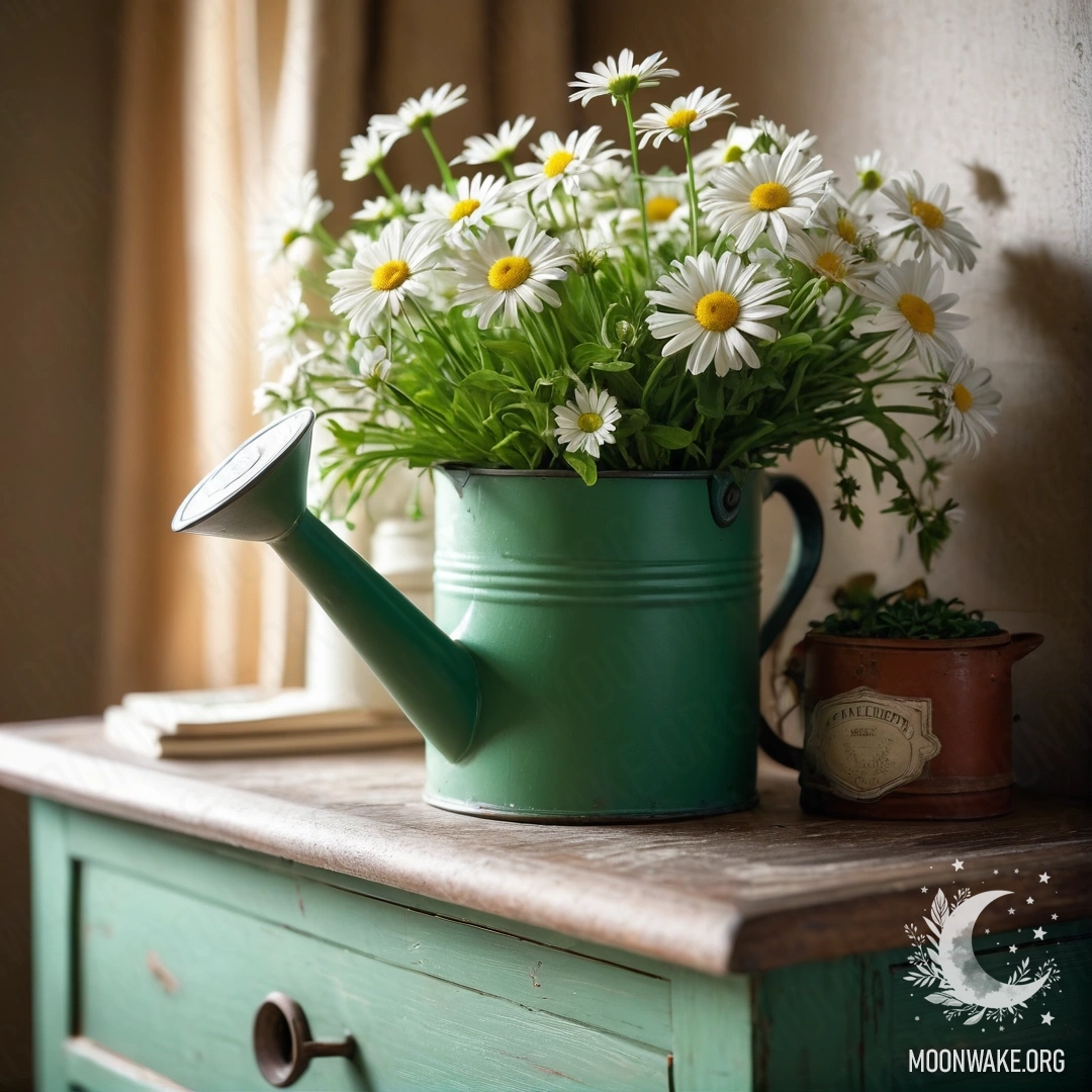 Винтажный зеленый поливочный кувшин с ромашками на ночном столике.