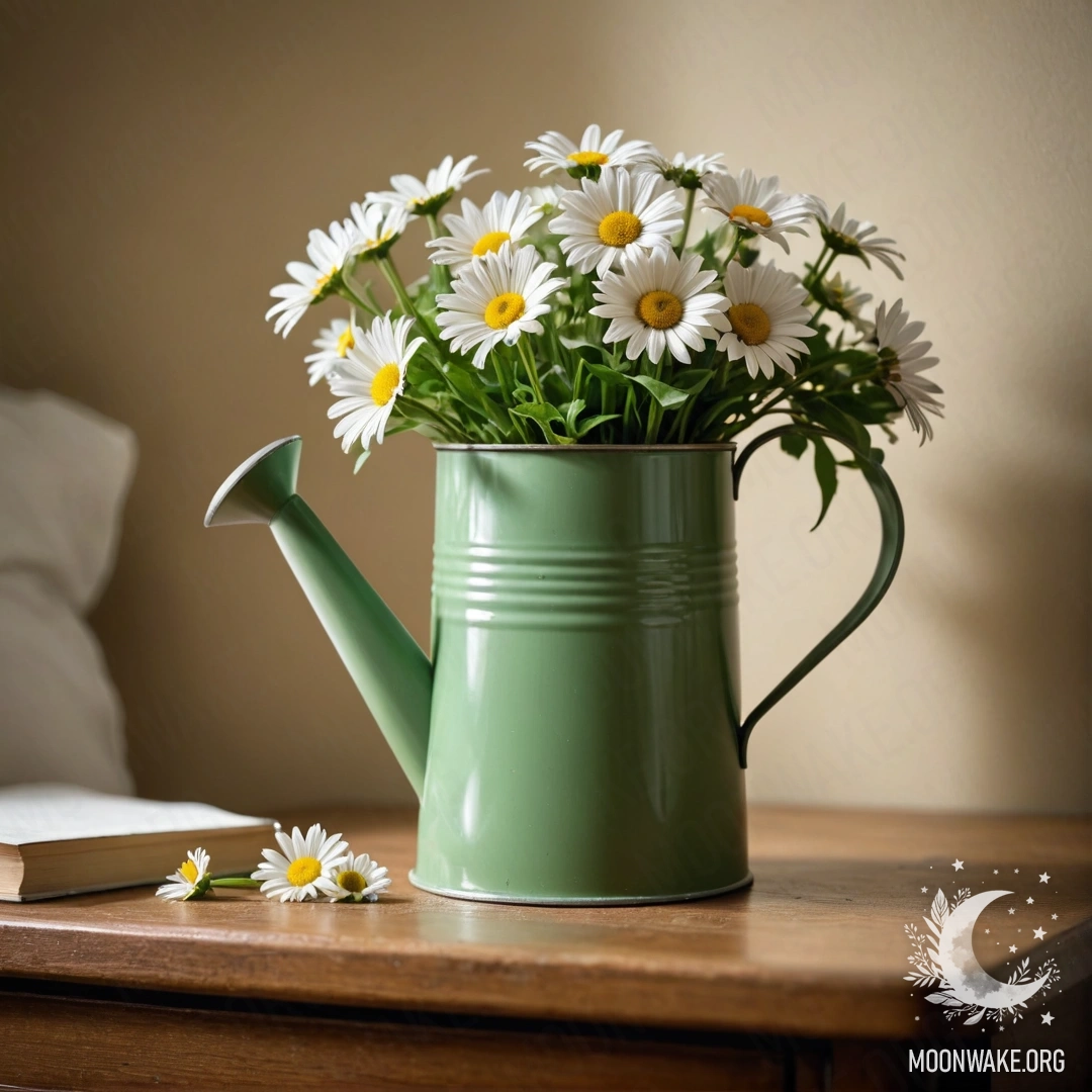 Винтажный зеленый поливочный ящик, украшенный ромашками, на ночном столике.